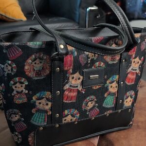 Playful Doll-Print Black Tote Bag with Colorful Accents